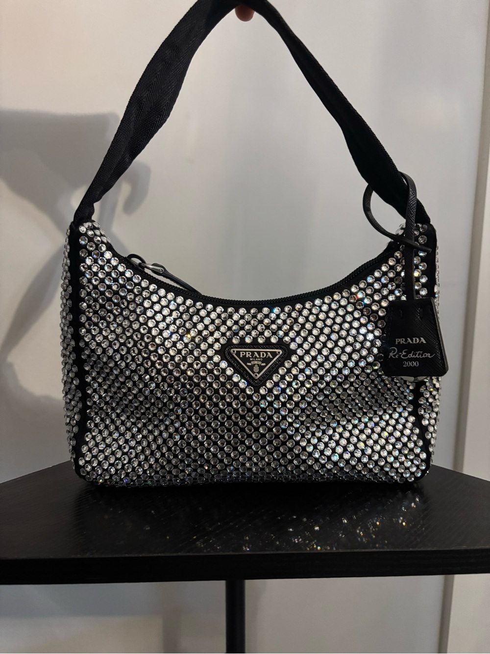 Prada Crystal-Embellished Shoulder Bag in Black and Silver